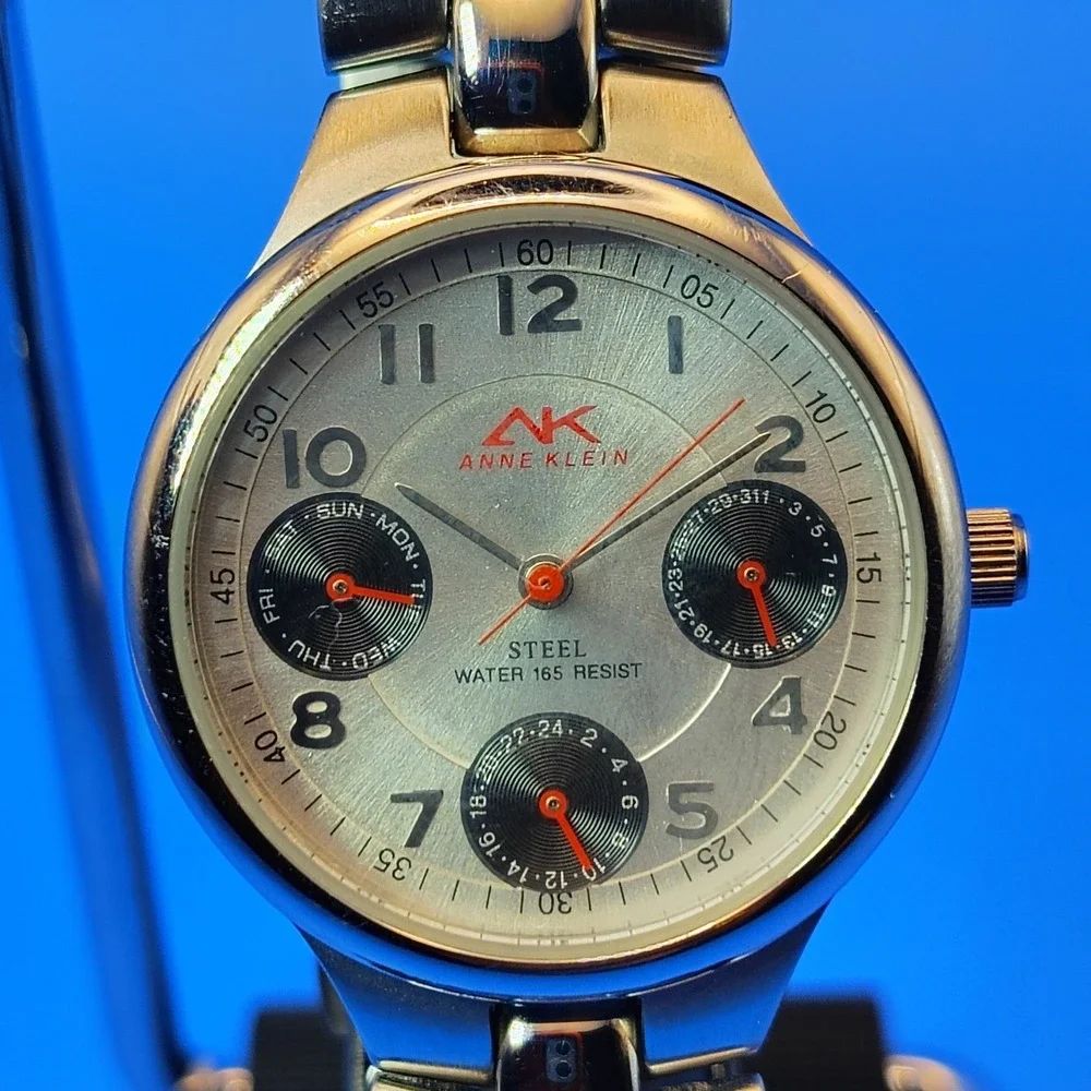 Vintage 1997 Anne Klein 10/6185 Day-Date 28mm Women's Quartz Watch Solid SS